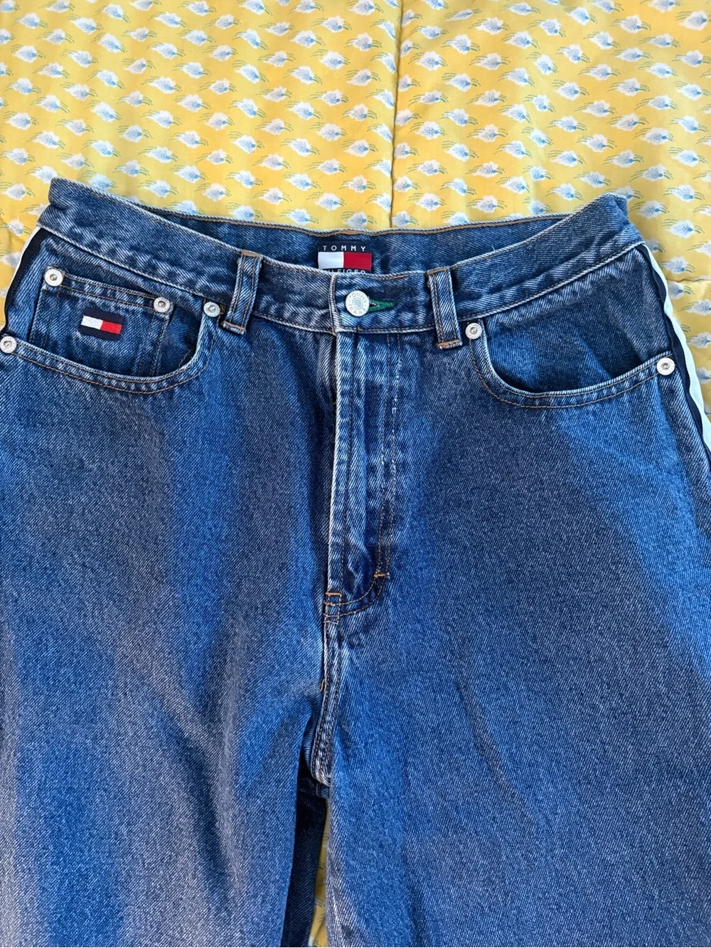 Vintage Tommy Hilfiger Navy Jeans with Red & White Side Stripes